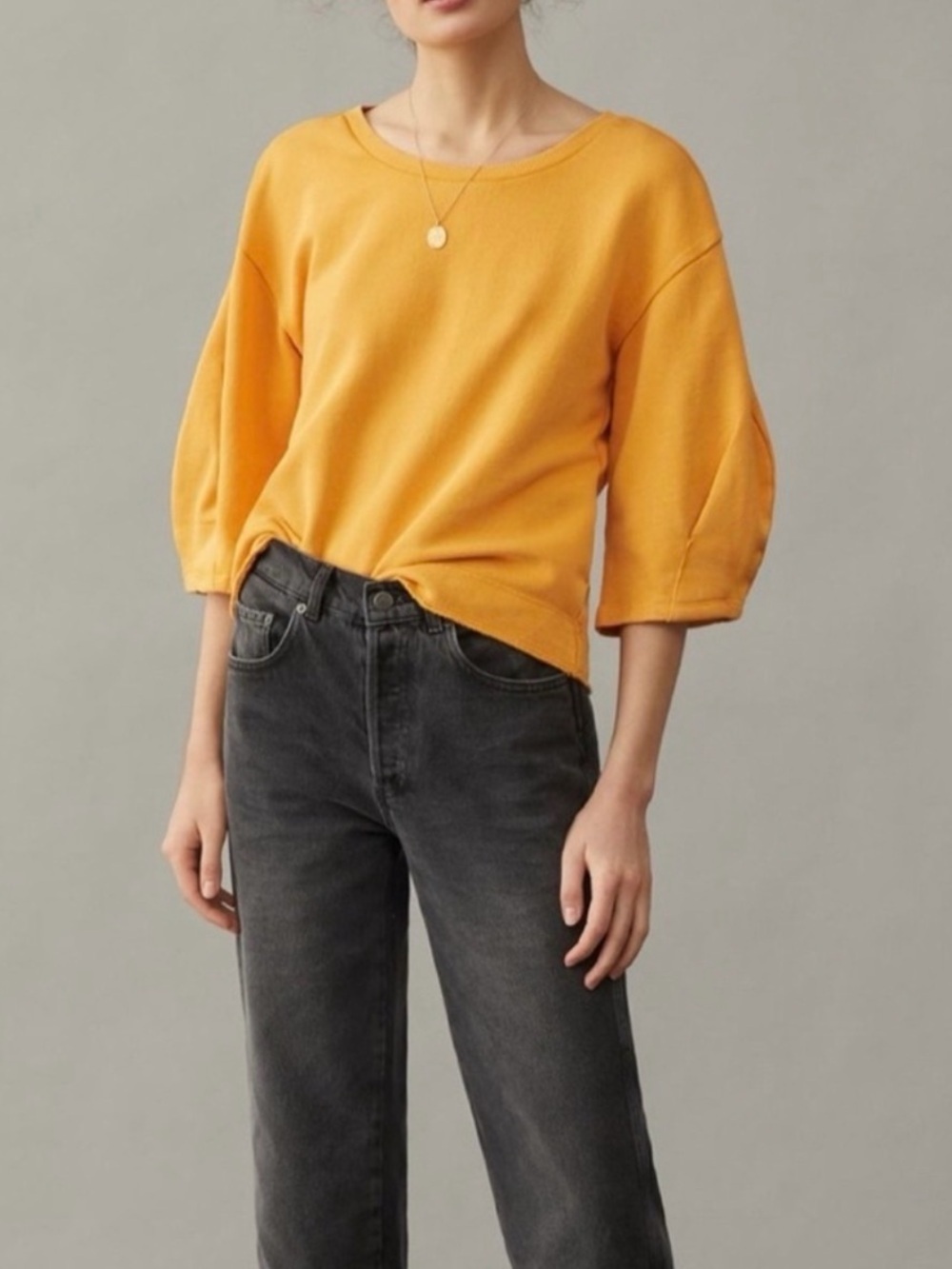 Anthropologie Kris Pleated Puff Sleeve Sweatshirt XS Mustard Yellow Crop